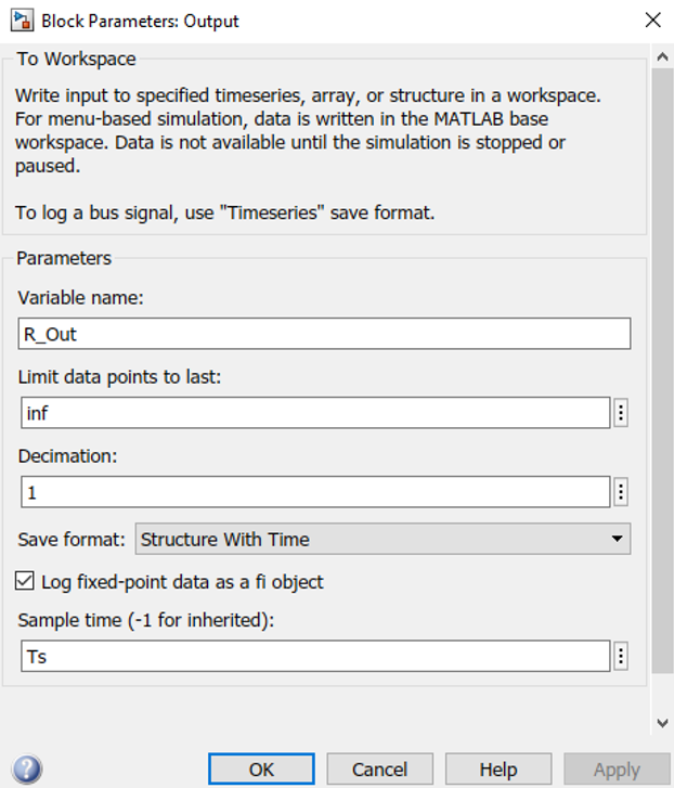 Setting the parameters of the **To Workspace** block.
