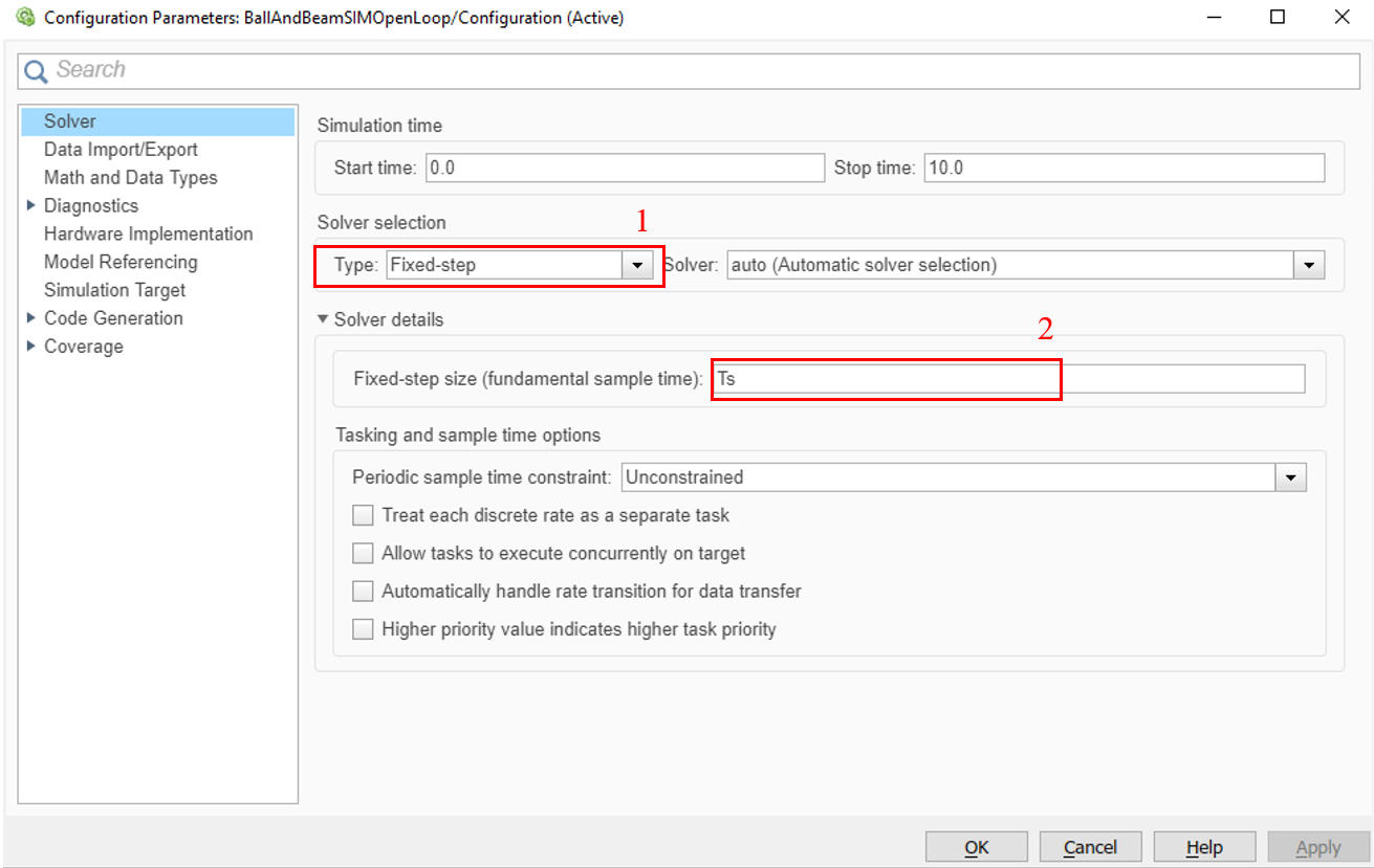 Solver settings and sampling time in the simulation.